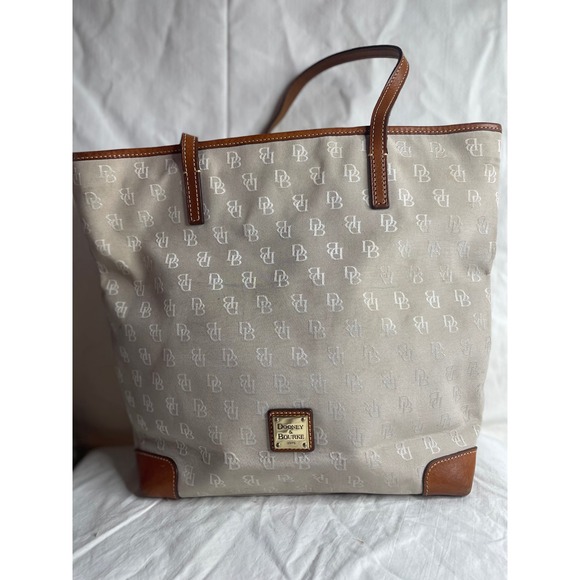 Large Dooney & Bourke Signature Monogram Tote Bag Tan Leather Trim